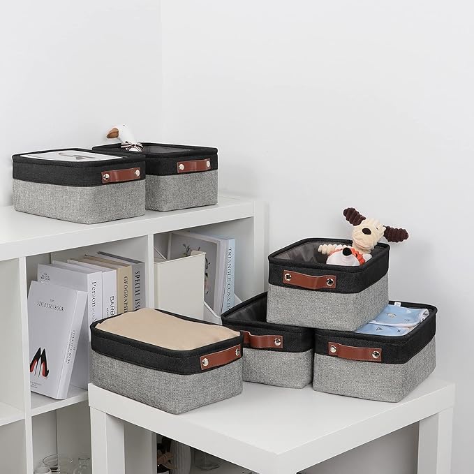 DULLEMELO Small Storage Baskets for Shelves, Small Fabric Collapsible Rectangular Storage Bins for Shelves, Closets, Nursery, Home, Office, Empty Gift Baskets (6-Pack, Black&Gray)
