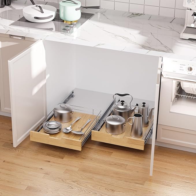 Pull Out Cabinet Organizer,Heavy-Duty Slide Out Shelf, Wood And Wire Basket, Pull Out Drawer for for Kitchen Under Sink Space, Pantry, Bathroom (11 * 21 WM)
