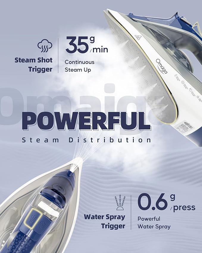 Steam Iron for clothes - 1750W Clothes Iron with Non-Stick Ceramic Soleplate, Powful Steam, 3-Way Auto-Off, Self-Cleaning, Anti-Calc, 13.52oz Water Tank Ironing Clothes for Home