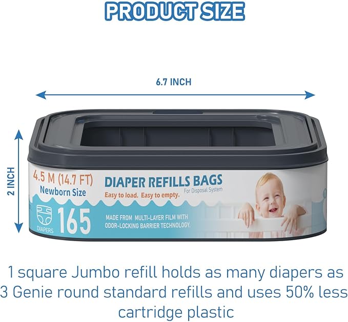 Square Starter Refills Disposal Bags Refill Compatible with Diaper Genie Compact and Select Pails (Not Fit Classic Version Pails), Hold Up to 165 Newborn-Sized Diapers Per Refill, 6 Pack