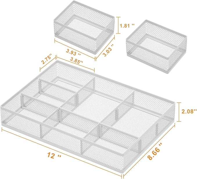Marbrasse 3 Packs White Desk Drawer Organizers,Drawer Organizer Tray with 9 Adjustable Compartments,Junk Drawer for Makeup & Vanity, Office Desk Supplies and Accessories（White）