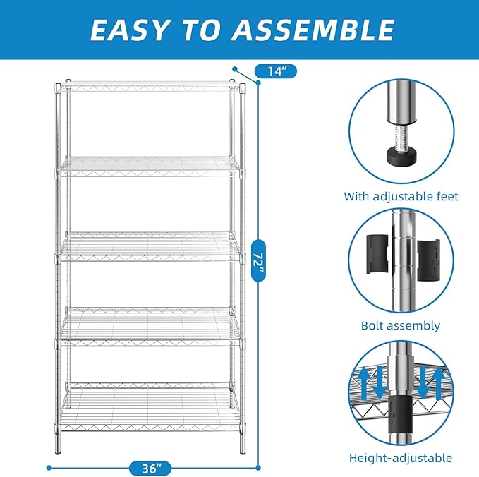 5-Shelf Adjustable Metal Shelf Wire Shelving Unit Storage Rack Display Shelf for Office,Kitchen,Bedroom,Bathroom,Laundry,Pantry Basement,Garage(Chrome,36" L x 14" W x 72" H)