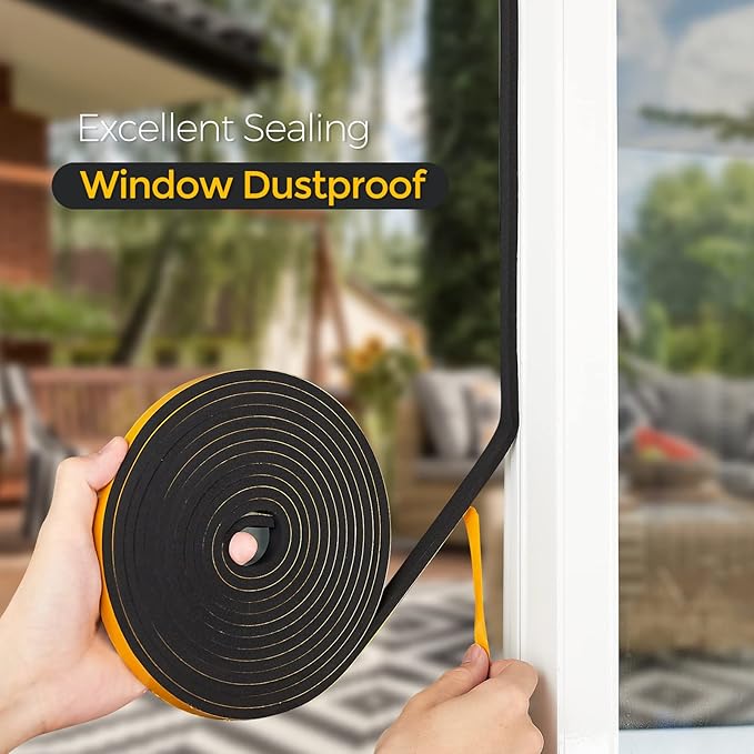 10 Feet Weather Stripping Door Seal, 1" Wide X 1/8" Thick Door Seal Strip High Density Foam Tape Adhesive Strip for Door Soundproofing,Window Insulation (1" x 1/8" x 10FT,Black)