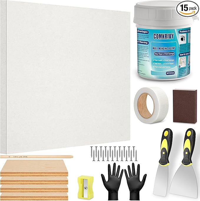 Drywall Repair Kit with 12"x12" Dry Wall Repair Panel, 33-in-One Drywall Patch Kit Wall Patch Repair Kit with Spackle, Mesh Tape, Putty Knives & Sanding Block for Wall Surface Ceiling Large Hole Fill