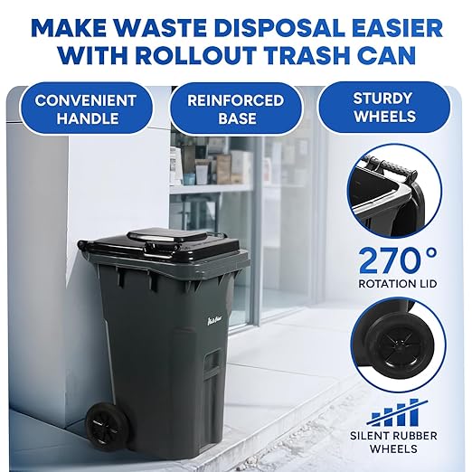 27 Gallon Outdoor Trash Can with Lid and Wheels Small Outdoor Garbage Can with Wheels Outside Heavy-Duty Rolling Trash Bin for Home Office Commercial Use, Gray