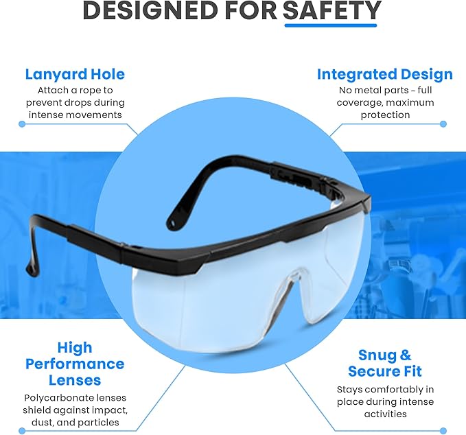 Safety Glasses, Full Coverage Lens, Built-in Brow Guard, UV Resistant, Anti-Fog, Anti-Scratches, Impact Resistant, Adjustable Side Frames, One Size Fits All, 12 Pack