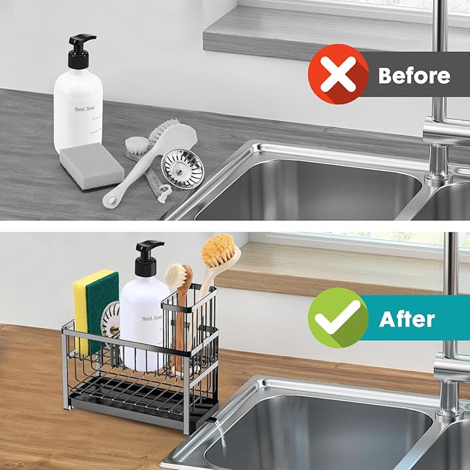Sinnsally Kitchen Sponge Holder,2 Tier Sink Caddy Organizer with High Brush Holder,Stainless Steel Sink Box Dish Scrubber Holder,Soap Tray for Kitchen Counter Accessories & Storage Rack (Black)