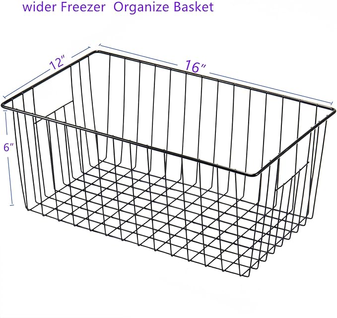 16" L x 12" W Wider Freezer Storage Organizer Baskets Container, Metal Wire Chest Upright Refrigerator Divider Bins with Built-in Handles for Cabinet, Pantry, Closet, Kitchen, Black
