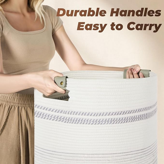 Laundry Basket with Handles - Blanket Basket & Hampers for Bedroom Aesthetic, Laundry Hamper & Blanket Storage for Living Room, Clothes Hamper, Tall, Large 17" x 14" x 22”, Grey