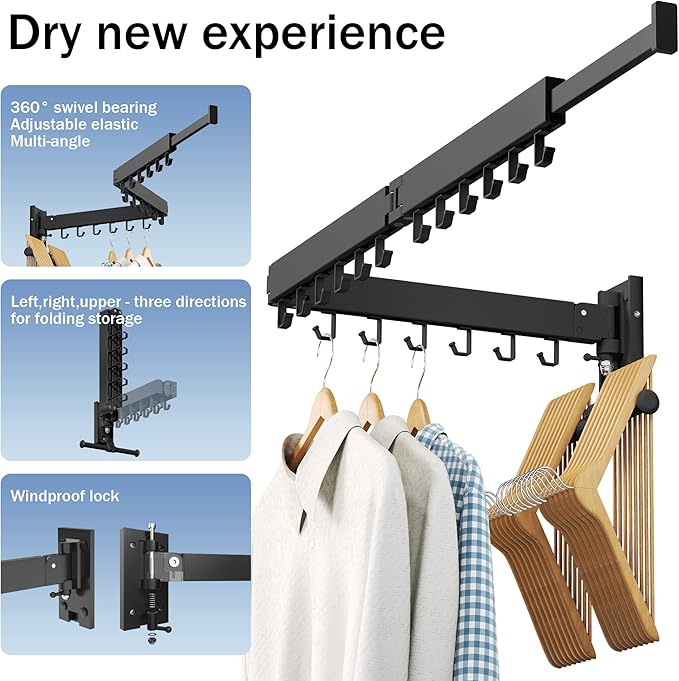 Clothes Drying Rack Wall Mounted(can fold Upward),Laundry Drying Rack,Laundry Room Organization,Wall Mounted Laundry Rack Folding,Retractable Clothing Rack,Collapsible Clothes Hanging Rack