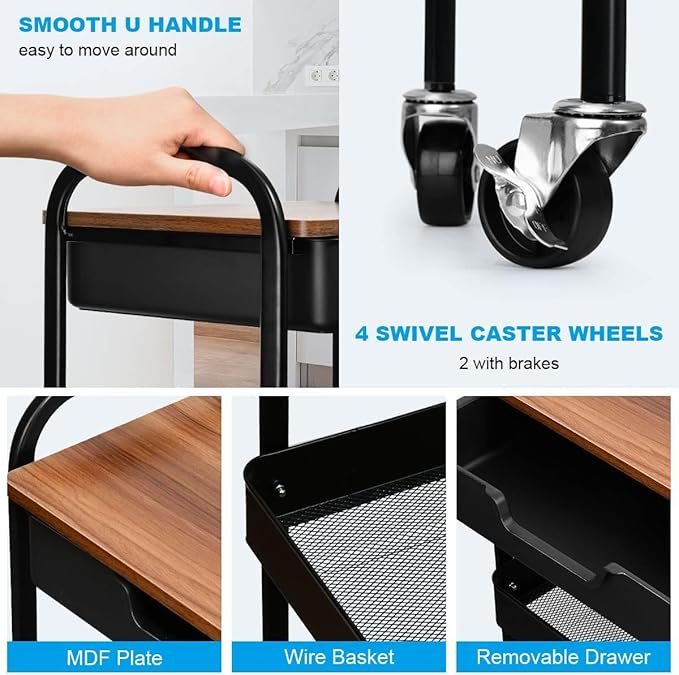 3 Tier Rolling Cart with Drawer, Metal Utility Cart on Wheels Storage Cart with Wood Top, Kitchen Cart Art Cart Organizer for Bathroom Office Balcony Living Room