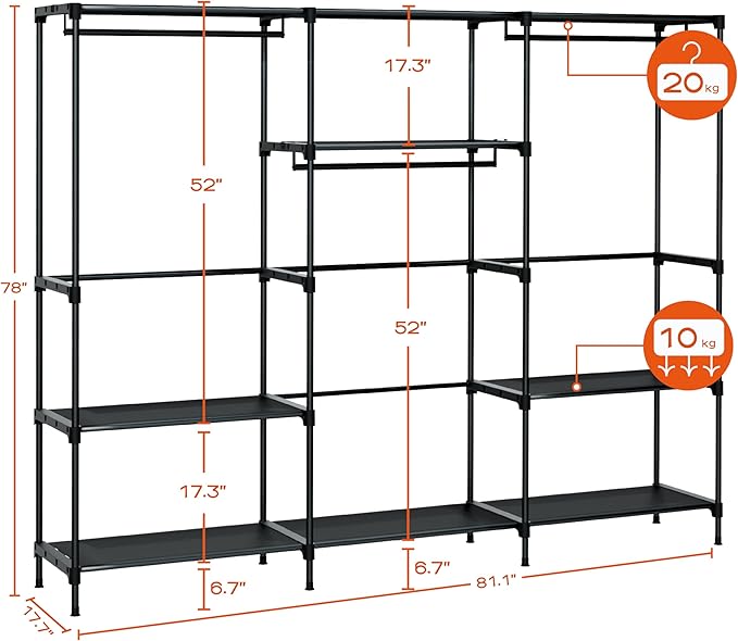 Clothes Rack, Portable Closet, 81.1 Inch Large Capacity Wardrobe Closet, Clothes Storage Organizer with Shelves and 3 Hanging Rods, Easy to Assembly, Black PCT033B01