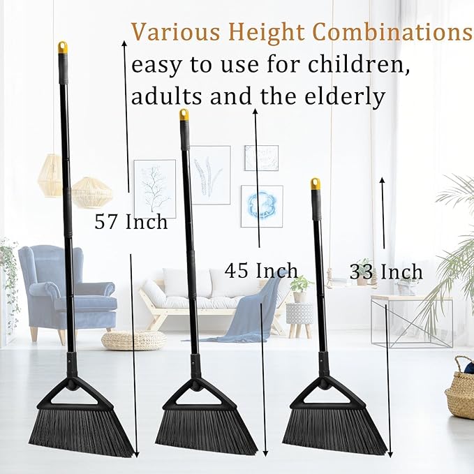 4PCS Heavy Duty Angle Broom, Long Pole Brooms for Indoor, Outdoor Sweeping, Kitchen to Courtyard, Black