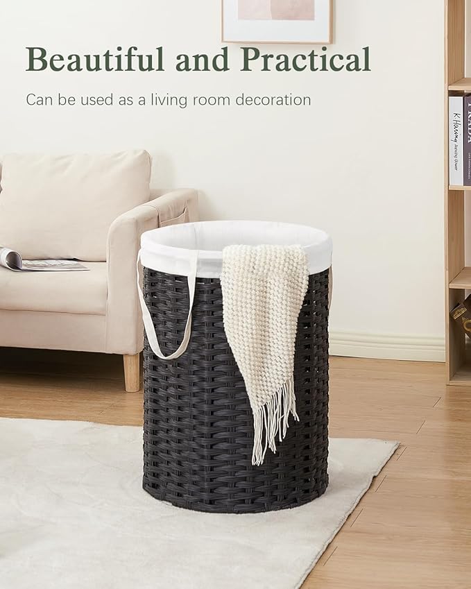 Laundry Basket Round Rattan Laundry Hamper 29.1 Gal (110 L) Handwoven Large Wicker Basket with Handles, Wicker Hamper with Removable Bags and 2 Mesh Bags for Bathroom Living Room Black