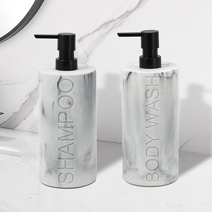 Marble Resin 2 Piece Shampoo and Body Wash Dispenser Set, Luxurious Refillable Pump Bottles with Matte Pump Top and Embossed Text, Durable Design for Bathroom and Shower