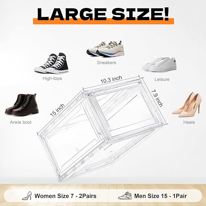 12 Pack Acrylic Shoe Boxes, Ultra Clear Shoe Boxes Stackable, Shoe Storage Box Sneaker Storage for Sneakerhead, Foldable Shoe Organizer with Magnetic Door, Professional Shoe Display Fits US Size 15