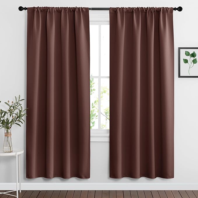 RYB HOME Rod Pocket Blackout Curtains for Bedroom Kitchen Living Room Office Light Block Energy Efficiency Glass Window Treatment Drapes, W 42 x L 63 inch, Chocolate Brown,2 Panels