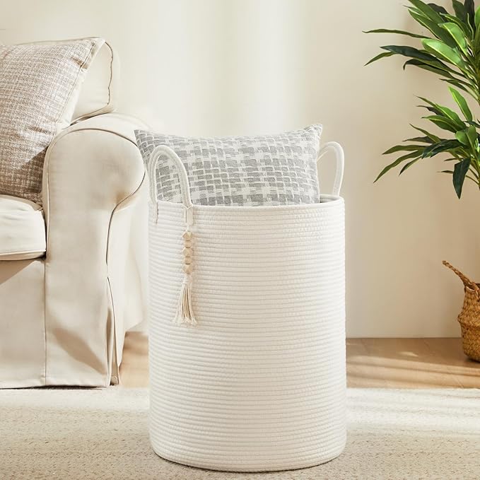 Fiona's magic Woven Rope Laundry Hamper, Tall Laundry Basket for Blanket Storage, Large Dirty Clothes Hamper for Toys, Decorative Baby Nursery Hamper for Bedroom, Living Room - White, 58L