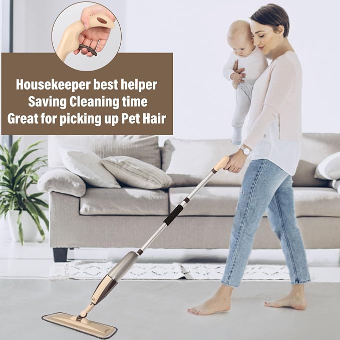 Mops for Floor Cleaning, 50 inch Spray Mop with 400ml Refillable Bottle and 2 Replacement Pads Dry Wet FloorCleaning Household or Commercial Use for Hardwood Laminate Tile Ceramic (Brown)