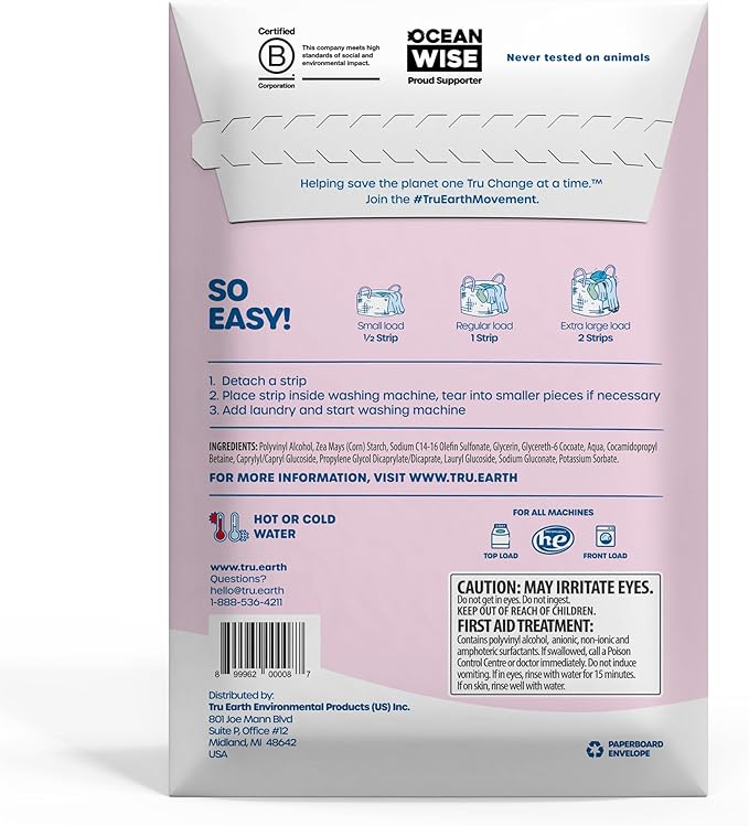 Tru Earth Hypoallergenic Baby Laundry Detergent Sheets/Strips for Sensitive Skin, 64 Count, Up to 128 Loads: Fragrance Free Baby Detergent Laundry Newborn, Children