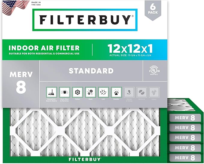 Filterbuy 12x12x1 Air Filter MERV 8 (MPR 700) Dust Defense Replacement (6-Pack), Electrostatic Pleated HVAC AC Furnace Filters, Made in USA (Actual Size: 11.75 x 11.75 x 0.75)