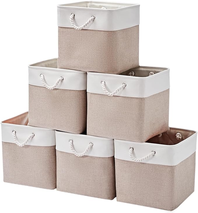 12 x 12 Inch Cube Storage Bins, 6 Pack Large Collapsible Fabric Storage Bin with Ropes, Foldable Storage Cubes for Home, Office,Closet, Clothes, Toys Organizer (White & Beige)