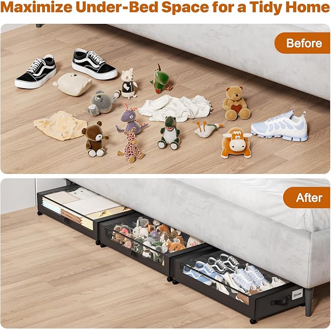Under Bed Storage with Wheels,XXL 60L Under Bed Storage Containers with Clear Lids, Rolling Under Bed Metal Drawer for Clothes, Shoes,Toys (Black, 2 Pack)