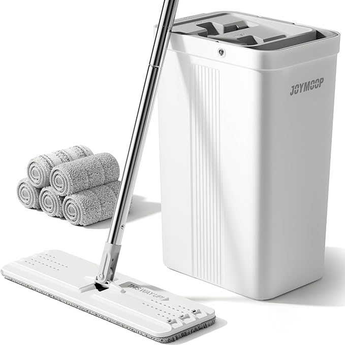 JOYMOOP Mop and Bucket with Wringer Set, White Flat Squeeze Mop Bucket Set for Floor Cleaning, Wet Dry Mop for Walls, Wall Cleaner with Long Handle, Hardwood Floor Mop-5 Microfiber Cloths