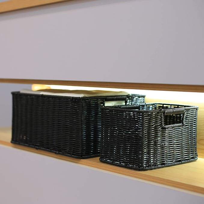 HOONEX Large Wicker Baskets for Storage, Woven Plastic With Dual Handles, Set of 3, Black