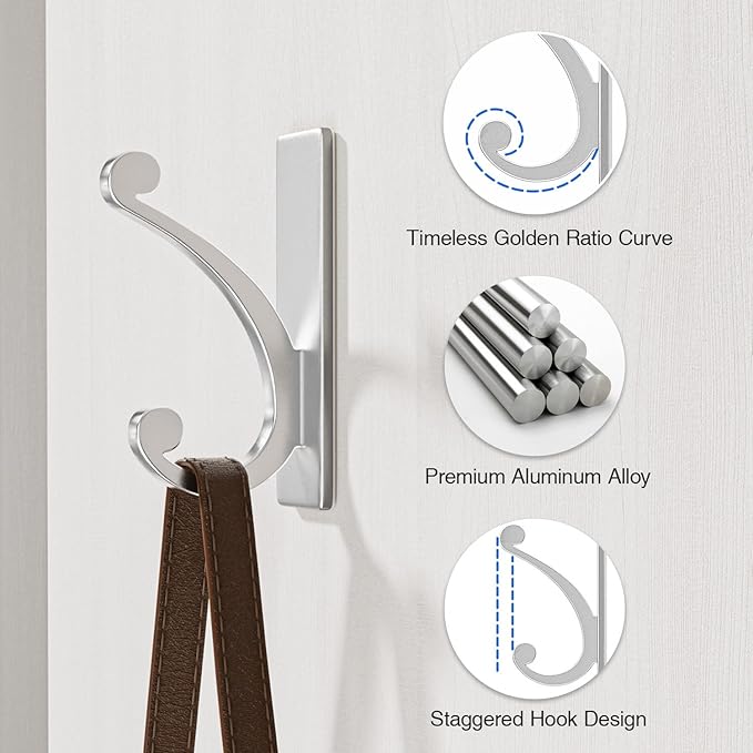 8-Pack Adhesive Wall Hook for Towel/Coat - Extra Sticky 10LB Stainless, Stick on Hanger for Bath or Shower, Matt Silver