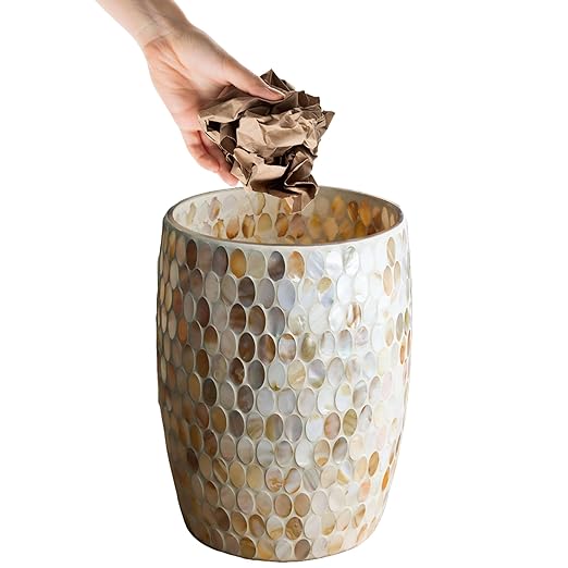 Escenzy Natural Shell Bathroom Trash Can Mosaic Glass 5L | Decorative Small Garbage Can | 7" x 10" | Luxury Waste Basket for Restroom, Office, Bedroom & Kitchen | Shiny Glass Bathroom Accessories