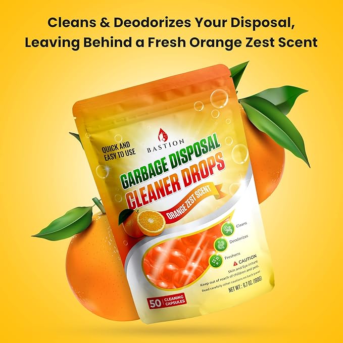 Bastion Garbage Disposal Cleaner and Deodorizer Drops- [[50-Count]] Orange Zest Scented Kitchen Sink Freshener Pods & Drain Odor Eliminator Disposer Care Balls