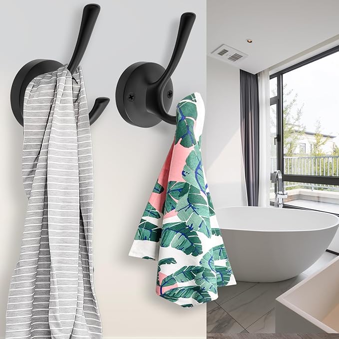 Black Towel Hooks, 2 Pack Coat Robe Hook Heavy Duty Metal Double Bathrobe Hook Wall Mounted, Hand Towels Hooks for Cubicle Bathroom Kitchen Closet Garage