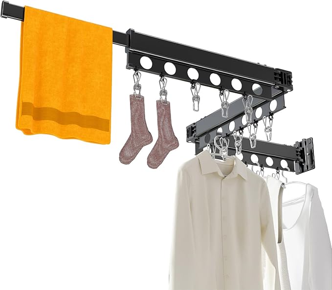 Clothes Drying Rack Foldable Wall Mounted Drying Rack 3 Fold Black-Laundry Drying Rack Durable Clothing Racks for Hanging Clothes