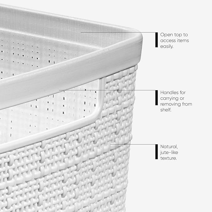 Curver Set of 6 Jute Medium Decorative Plastic Organization and Storage Baskets, Perfect Bins for Home Office, Closet Shelves, Kitchen Pantry and All Bedroom Essentials, White