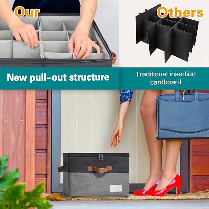 Shoe Organizer for Closet, Foldable Shoe Storage Bins with Clear Cover, Space Saving Shoes Holder with 4 Handles, Large Adjustable Shoe Box Storage Containers, Fits 8-16 Pairs, 1 Pack, Black