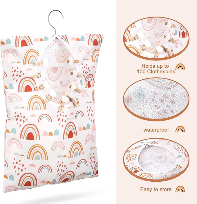 Woanger 2 Pcs Clothes Pin Bag Clothespin Holder 15 x 11 in to Hang on Line Clothes Pin Hanging Bag for Clothesline Outdoor Storage Organizer Basket with Large Opening(Cute Style)