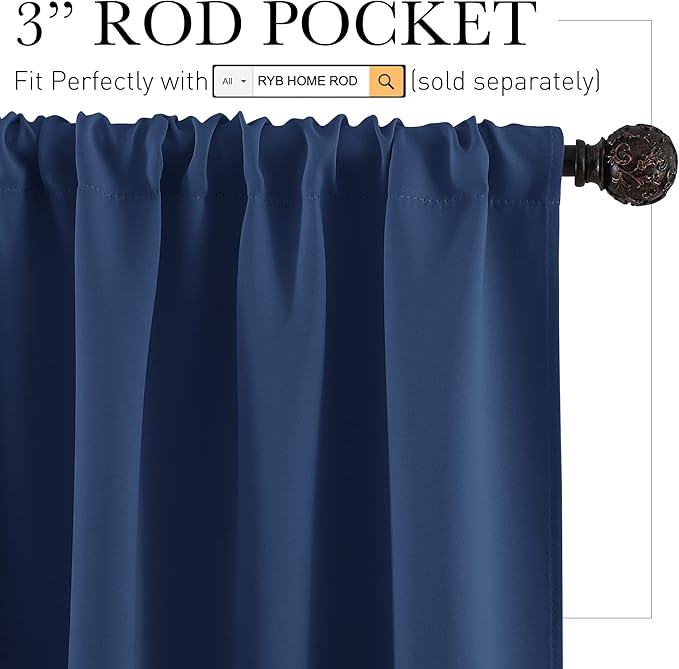 RYB HOME RV Curtains for Camper Windows - Soft Thermal Insulated Small Window Curtain Tiers for Cafe Kitchen Bedroom Basement Glass Door Window, W 42 x L 30 inches, Navy Blue, 2 Panels