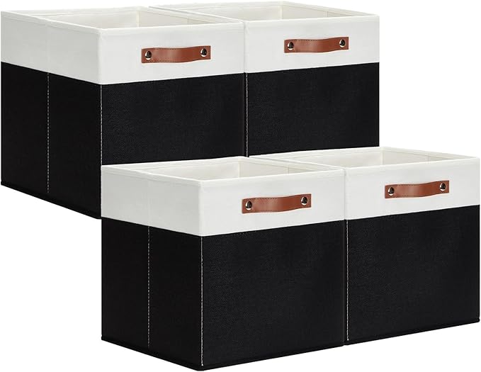 DULLEMELO Storage Cubes 13 inch,Cube Storage Bins with Handles for Organizing,Fabric Storage Baskets for Shelves Nursery Closet Home Organization (White&Black-4 Pack)
