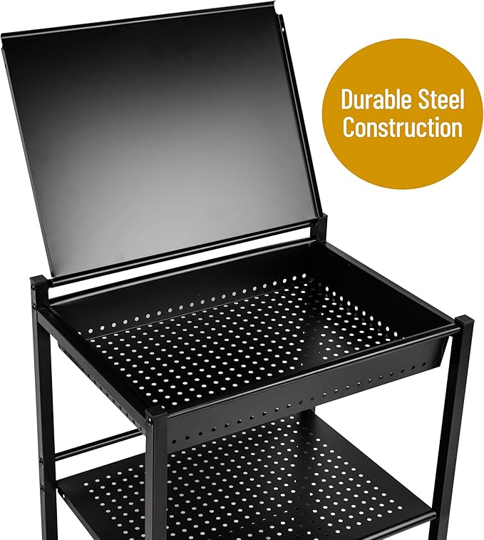 Mind Reader Cart with Covered Compartment, Office Organizer, Storage, 3-Tier, Office, Metal, 20" L x 14.25" W x 28.75" H, Black
