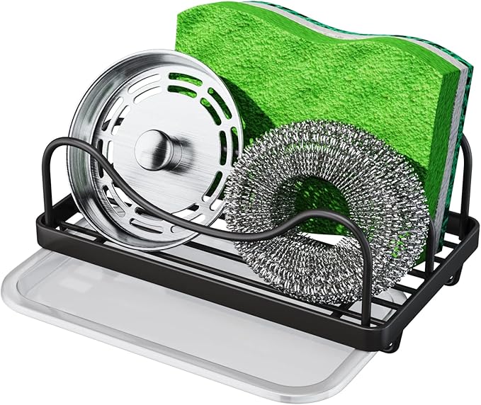 Consumest Sponge Holder for Kitchen Sink - Movable Sink Caddy for Countertop Organizer, 304 Stainless Steel Sponge Holder with Detachable Drip Tray for Kitchen Accessories-Black