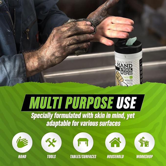 Grip Clean Heavy Duty Hand & Tool Cleaning Wipes – Waterless Hand Cleaner for Mechanics, Garage & Shop Use – Dual-Sided Grease, Oil & Paint Remover Wipes with Citrus Scent - 72ct