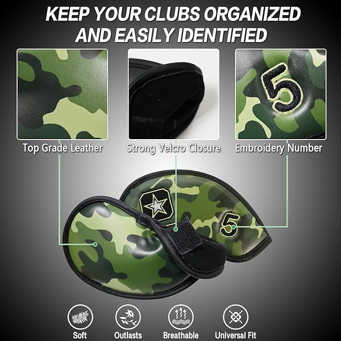 FINGER TEN Premium Synthetic Leather Stylish Iron & Wedge Golf Head Covers Value 12 Piece Set, Embroidered Labels & Fits Most Clubs Gift Set, Travel Protection Accessories