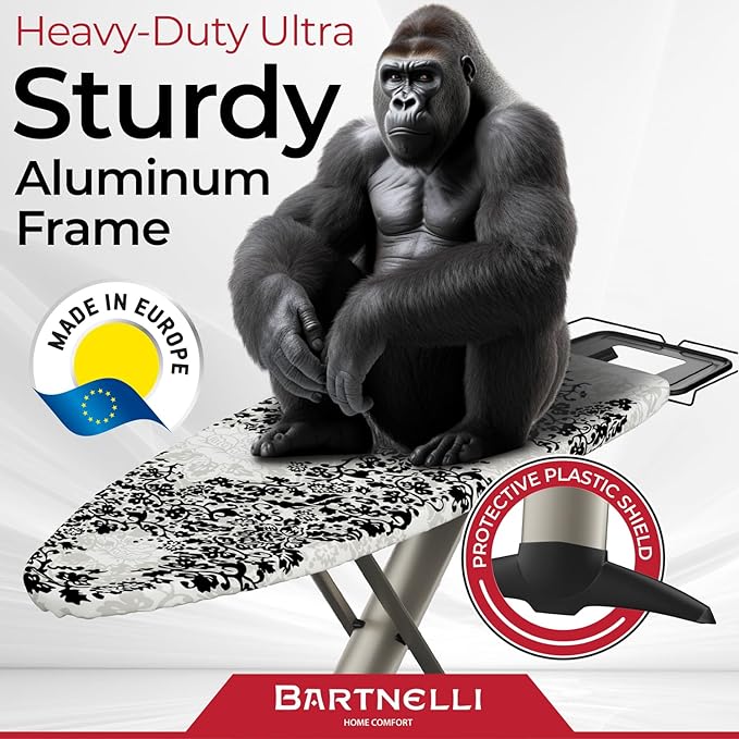 Bartnelli Pro Luxury Ironing Board - Extra Wide 62x19” Steam Iron Rest, Adjustable Height, T-Leg Foldable, European Made