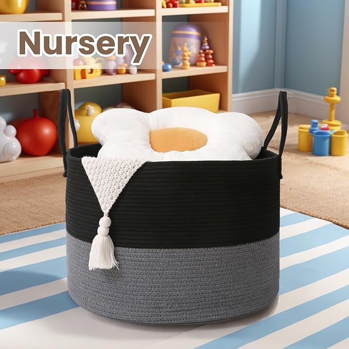 Woven Blanket Basket,65L Large Rope Storage Bin with Handles, Organizer for Blankets Toys Book and Clothes, Laundry Basket for Living Room Bedroom Nursery,Black&Grey