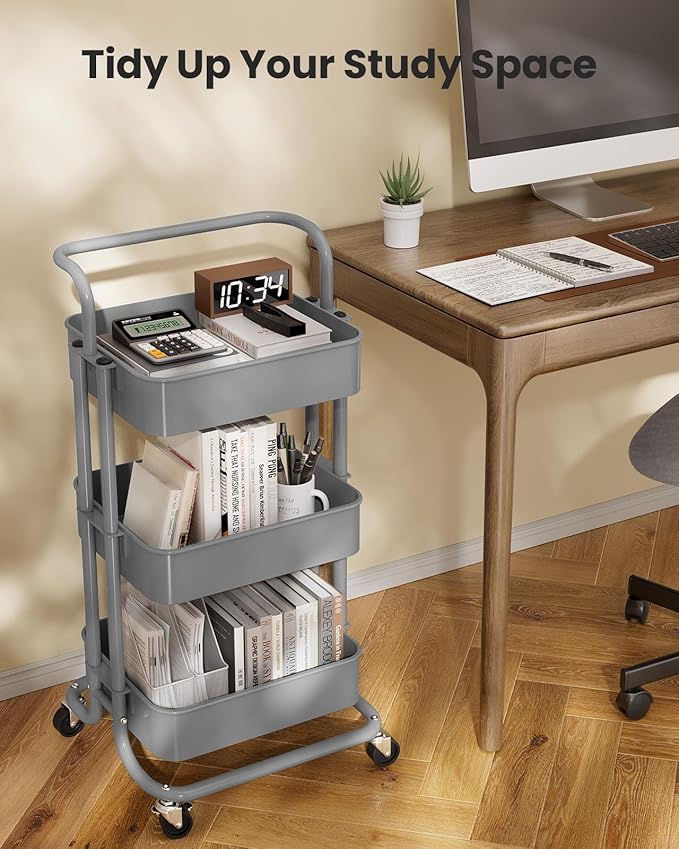 Pipishell 3 Tier Mesh Utility Cart, Rolling Metal Organization Cart with Handle and Lockable Wheels, Multifunctional Storage Shelves for Kitchen Living Room Office Grey
