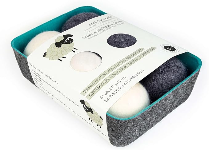Three by Three Seattle Felt·Like·it!™ Wool Dryer Balls + Storage Bin: Reduce Drying Time, Static Cling, and Energy Use | Natural Alternative to Fabric Softeners (Pack of 6)