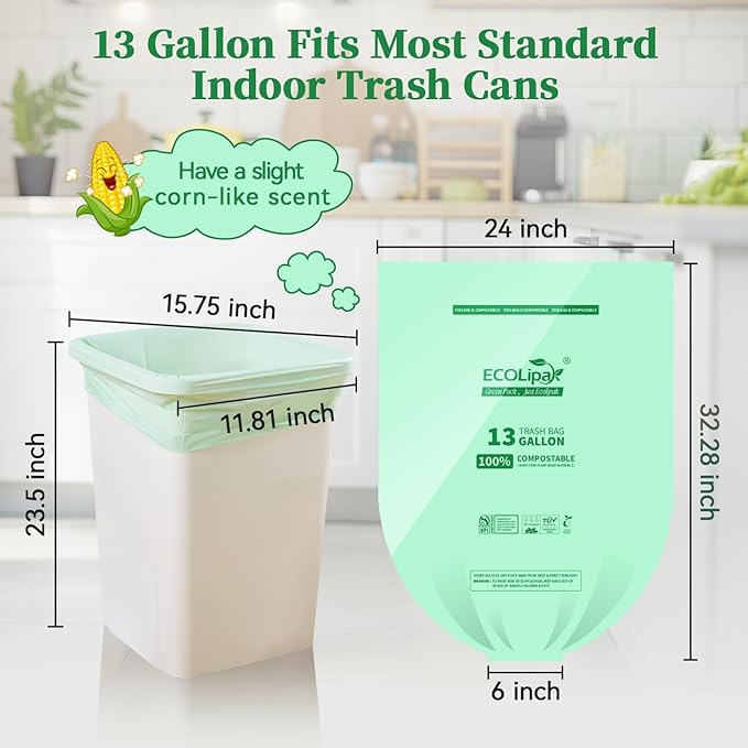 ECOLipak 13 Gallon Compostable Trash Garbage Bags, 50 Count (1 Roll) Biodegradable Heavy Duty Bathroom Kitchen Trash Bags for Home/Office, US BPI ASTM D6400 and OK Compost Home Certified