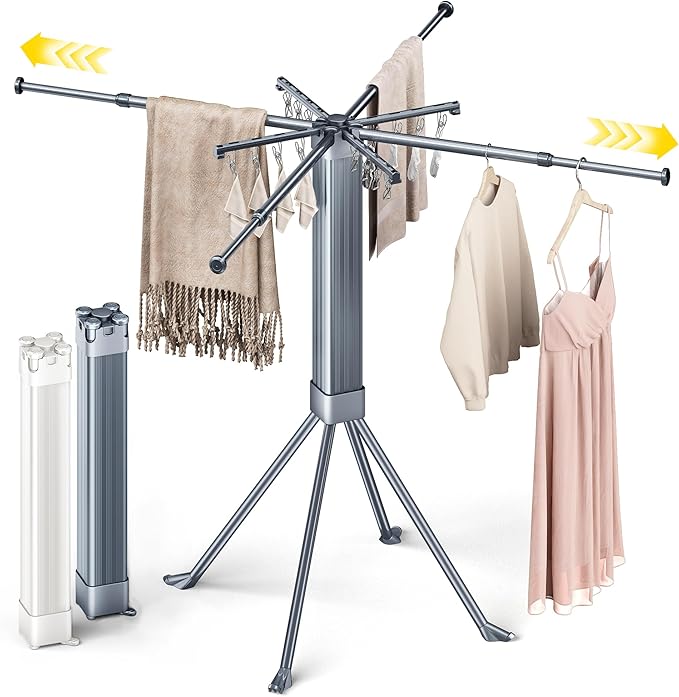 BIREN Clothes Drying Rack Foldable Extending Laundry Rack with 16 Clips Collapsible Clothing Rack Space-Saving Clothing Racks for Hanging Clothes, Indoor, Camping, Balcony, Outdoor