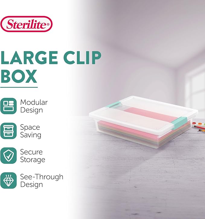 Sterilite 6-Pack Clip Box, Stackable Clear Plastic Bins with Latching Lids, Large - Writing, Arts or Crafts Supplies Storage Containers for Home, Office, Classroom and Workshop Organization